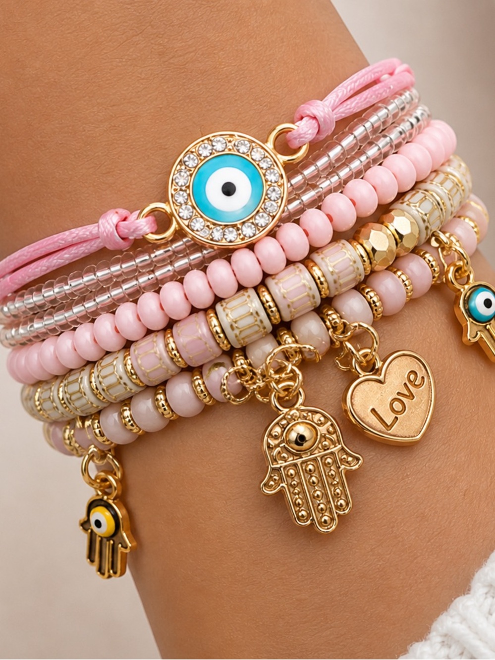 Gold & Pink Evil Eye Charm Stack Bracelet Set